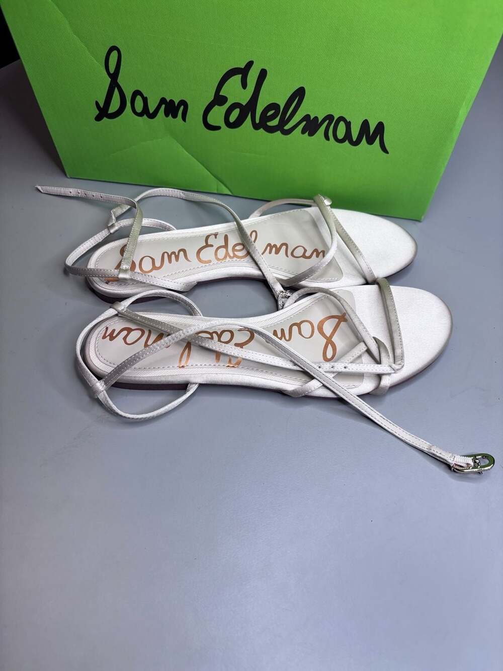 Sam Edelman Ellina Ivory Satin Flat Ankle-Wrap Sandals size 7m